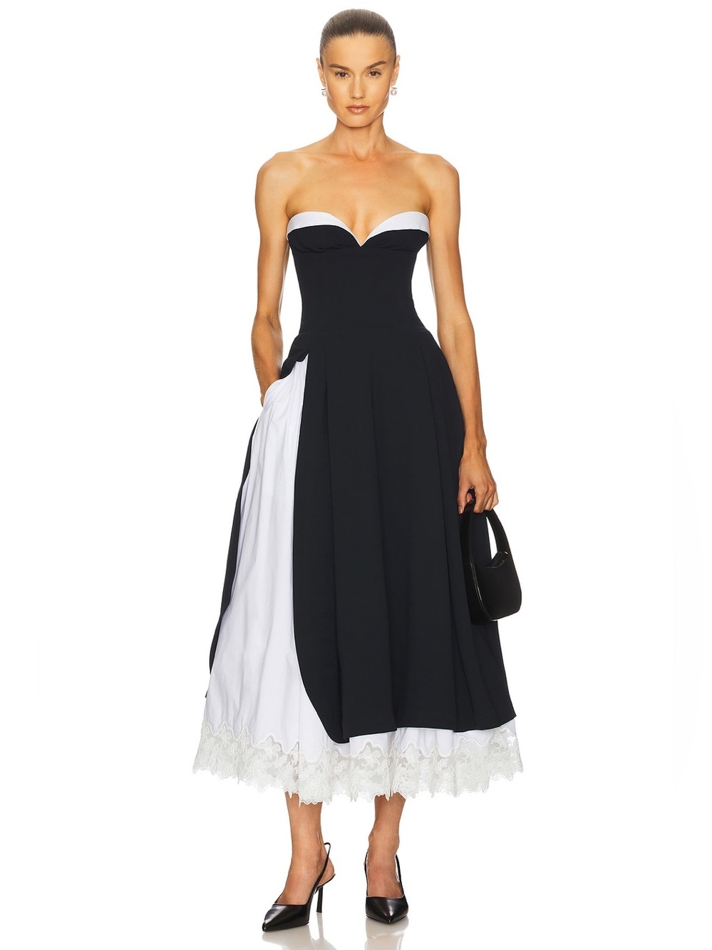 Helsa The Finale Midi Dress With Lace & Poplin in Black